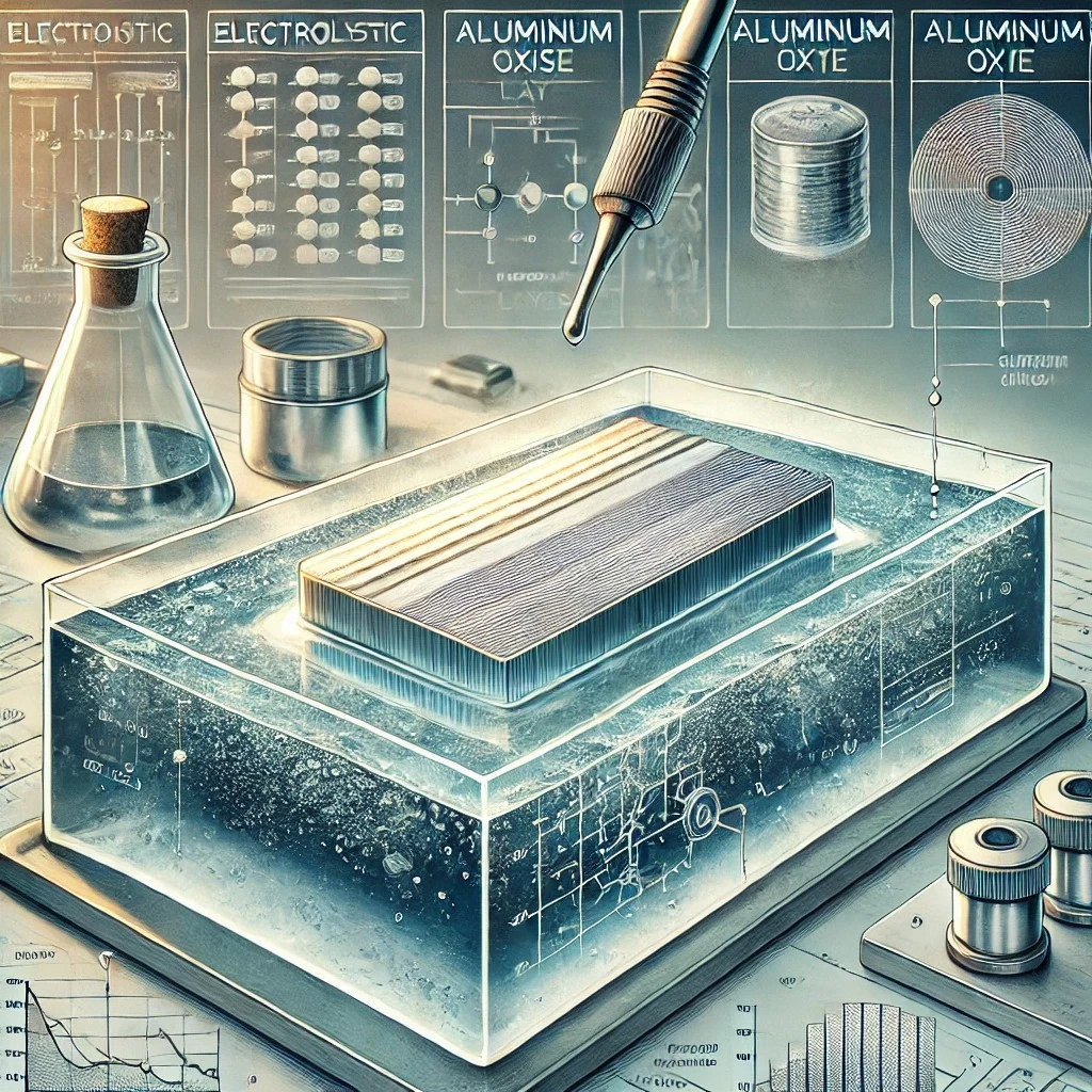 иллюстрация, показывающая процесс анодирования алюминиевой детали в электролитической ванне, показывающая защитный оксидный слой и лабораторную установку.