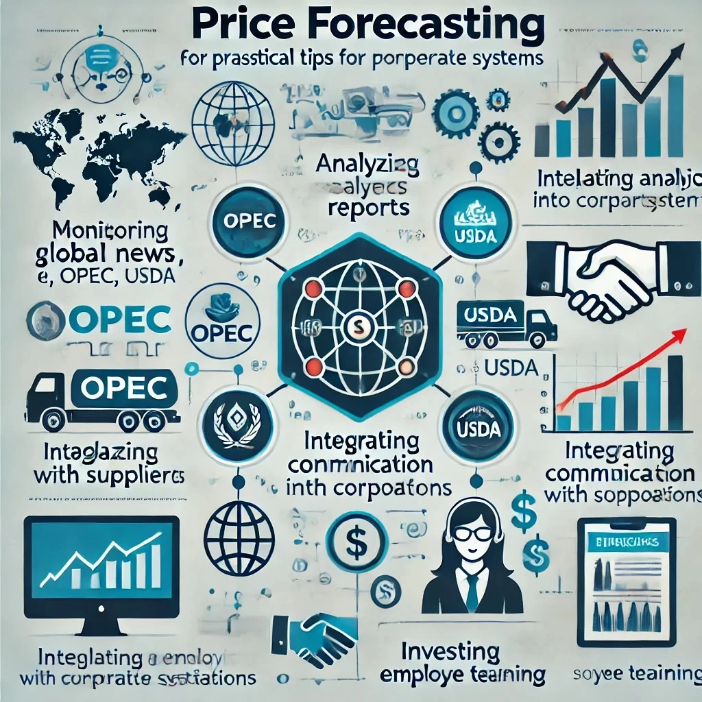 Изображение, иллюстрирующее практические советы по прогнозированию цен. Оно подчеркивает ключевые действия, такие как мониторинг новостей, анализ отчетов, интеграция аналитики, поддержание контактов с поставщиками и обучение сотрудников.