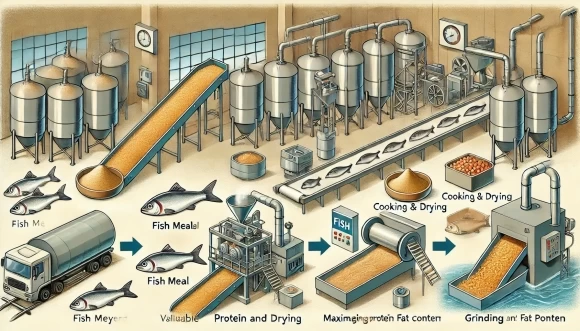 иллюстрация, показывающая этапы производства рыбной муки, подчеркивающая основные шаги и оборудование, используемые для поддержания высокого содержания питательных веществ. 