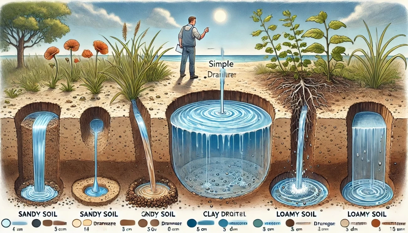  изображение, иллюстрирующее тест на дренаж почвы. Вода заполняет ямы в песчаной, глинистой и суглинистой почве, показывая разные уровни дренажа: быстрая утечка в песчаной почве, застой воды в глинистой и сбалансированный дренаж в суглинистой. 