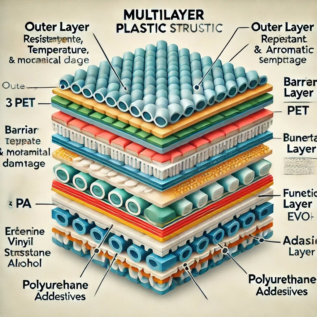 изображение, демонстрирующее структуру и состав многослойного пластика с визуализацией слоев и их функций.