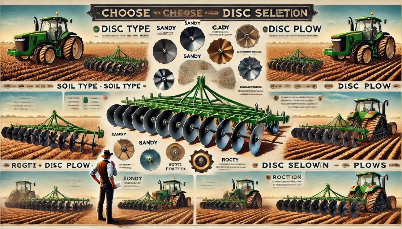 Изображение показывает выбор дискового плуга с учетом типа почвы, задач обработки и возможностей техники, подчеркивая важность правильного выбора для оптимизации затрат и сохранения структуры почвы