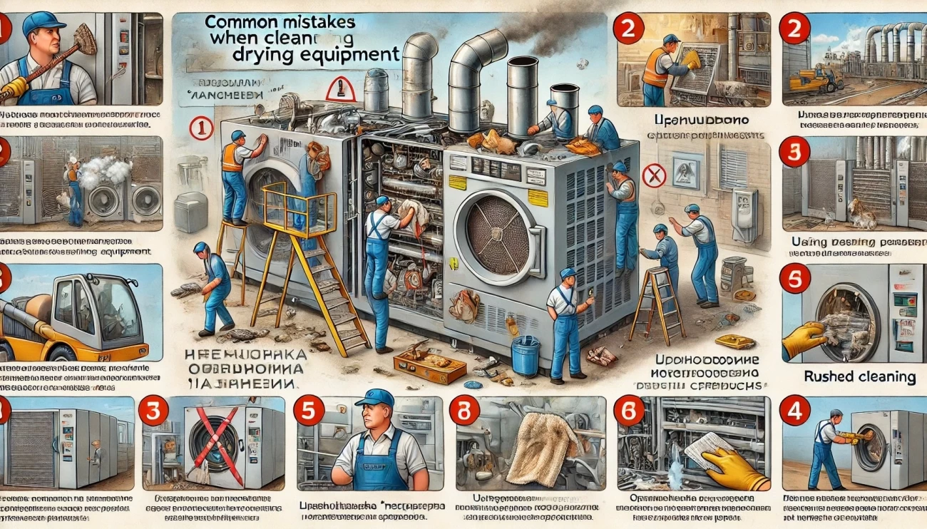 На изображении представлены четыре сцены, иллюстрирующие частые ошибки при очистке сушильного оборудования.