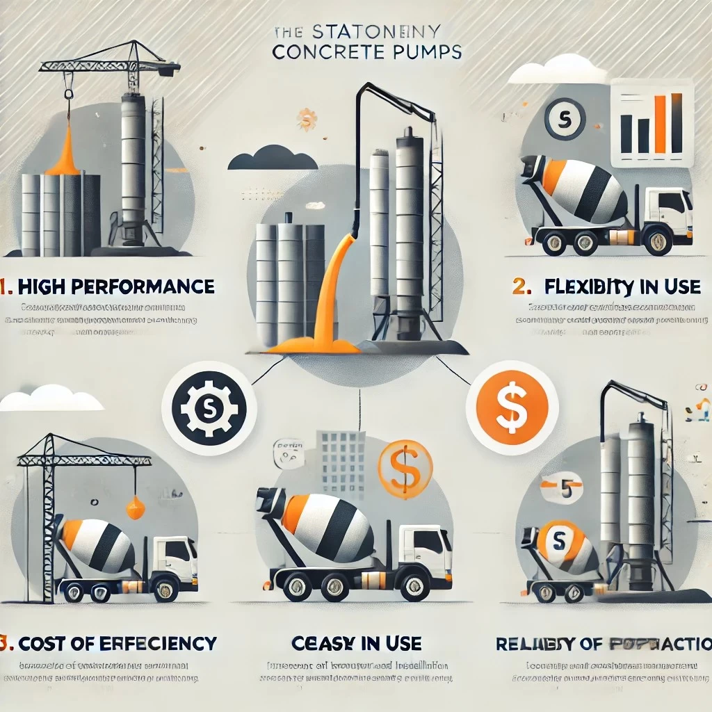 Изображение с преимуществами стационарных бетонных насосов. Оно визуализирует ключевые моменты: производительность, гибкость использования, экономичность, простоту транспортировки и установки, а также надежность в эксплуатации