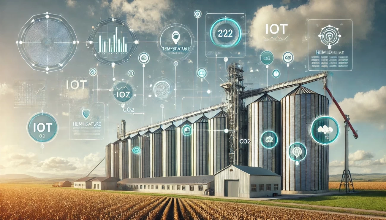 изображение, иллюстрирующее современное управление хранением зерна с использованием технологии IoT и интеллектуальных датчиков, показывающее ключевые параметры, отслеживаемые для оптимального хранения