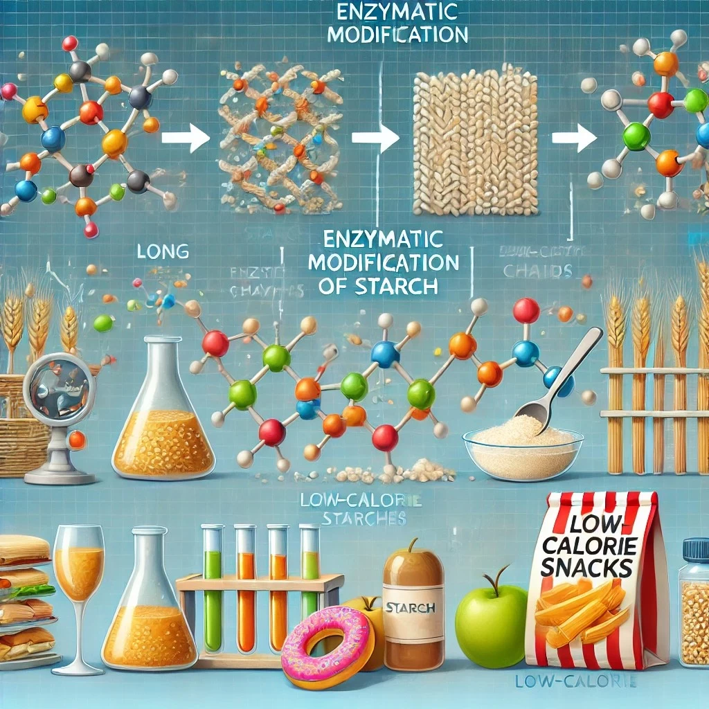 изображение, которое иллюстрирует процесс ферментативной модификации крахмала. На нём показано, как ферменты разрушают длинные цепи крахмала, с визуальными элементами, символизирующими лабораторную среду и продукты, созданные с использованием модифицированного крахмала. 
