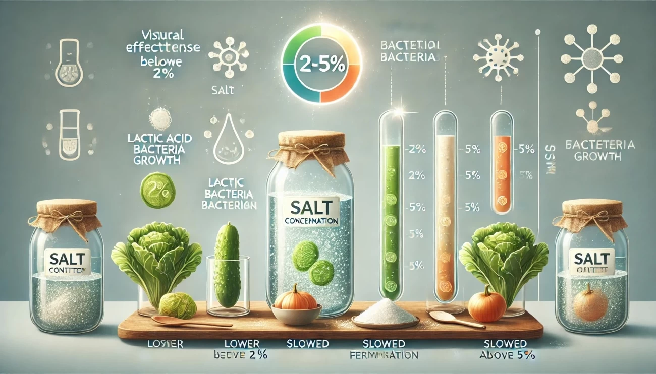 иллюстрация, наглядно демонстрирующая оптимальную концентрацию соли для ферментации. Она демонстрирует шкалу с идеальным диапазоном (2-5%) для поддержки молочнокислых бактерий и подавления патогенов, а также изображения овощей в банках для представления процесса ферментации. 
