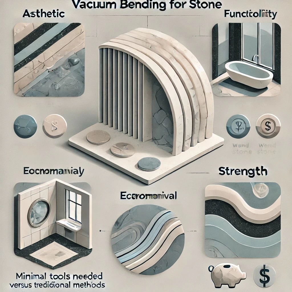 изображение, демонстрирующее преимущества вакуумной гибки камня: эстетика, функциональность, экономичность и прочность