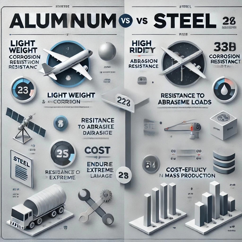 изображение, иллюстрирующее сравнение алюминия и стали, демонстрирующее преимущества алюминия в легкости и коррозионной стойкости, а также превосходство стали в жесткости, устойчивости к повреждениям, способности выдерживать экстремальные нагрузки и экономичности.