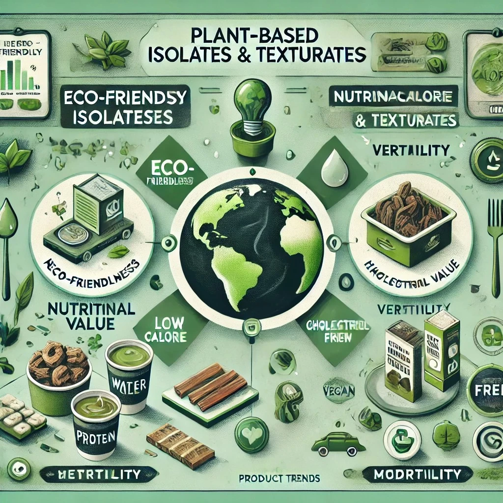 Изображение демонстрирует преимущества использования растительных изолятов и текстуратов с визуальным акцентом на экологичность, питательную ценность, гибкость применения и соответствие современным трендам.