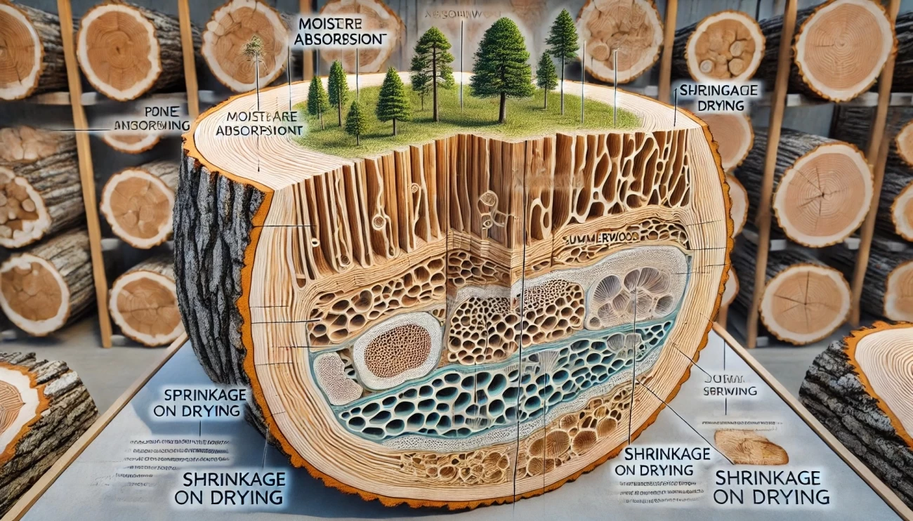 изображение, показывающее внутреннюю структуру древесины сосны и ели с крупными сосудами и порами, обеспечивающими влагопоглощение. Также видны мягкие весенние и плотные летние слои, иллюстрирующие неравномерную усадку при сушке. 