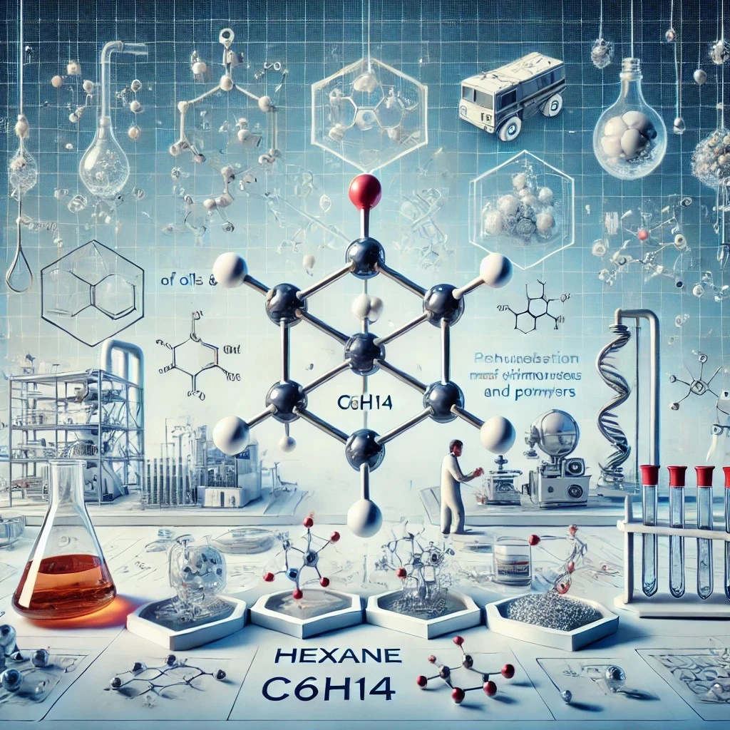 изображение, представляющее гексан (C₆H₁₄) и его ключевые области применения, включая экстракцию масел и жиров, фармацевтическое производство и очистку полимеров и смол.